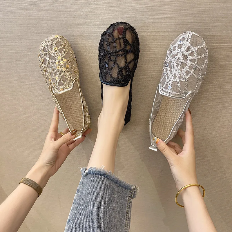

Women's Flat Shoes Luxury Brand Bling Loafers Summer Breathable Mesh Ballet Flats Slip on Ladies Shoes Plus Size 36-42
