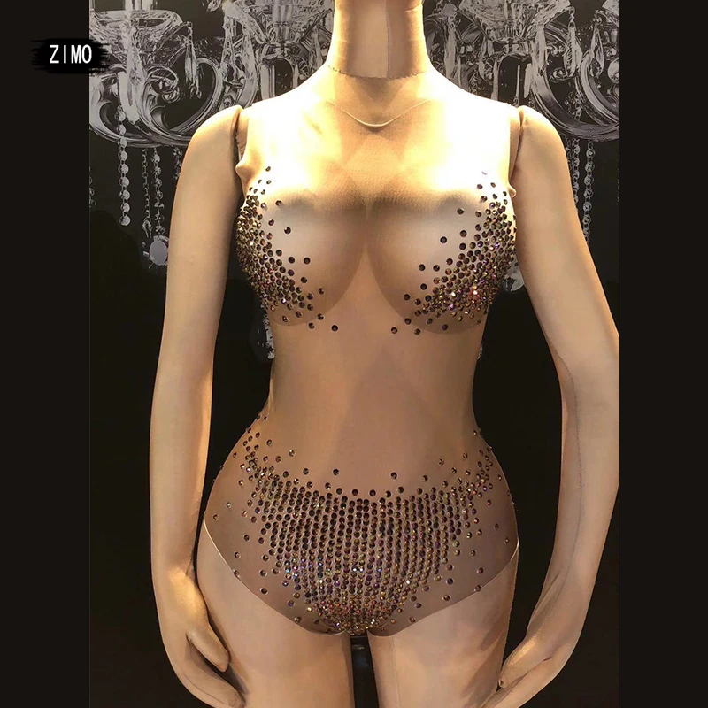 

Жемчужный Стразы AB Эластичный комбидресс из спандекса для женщин для вечевечерние бара ночного клуба полюса DJ певец DS костюм для выступлен...