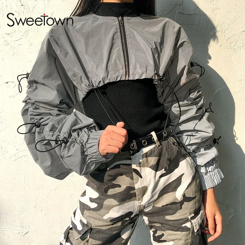 Новые пикантные Ruched слоеного с длинным рукавом куртка-бомбер капюшоном на молнии