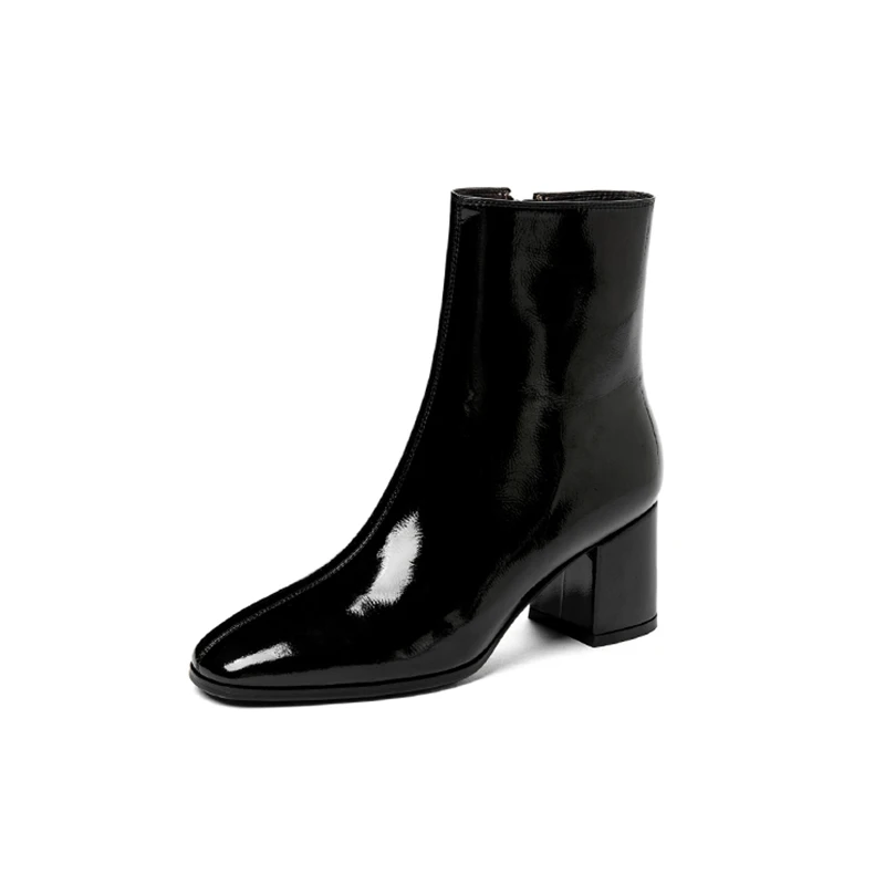 

Dropshipping Autumn Women Fashion Square High Heels Zapatos De Mujer White Patent Leather Shoes Ankle Boots Black Woman Zipper