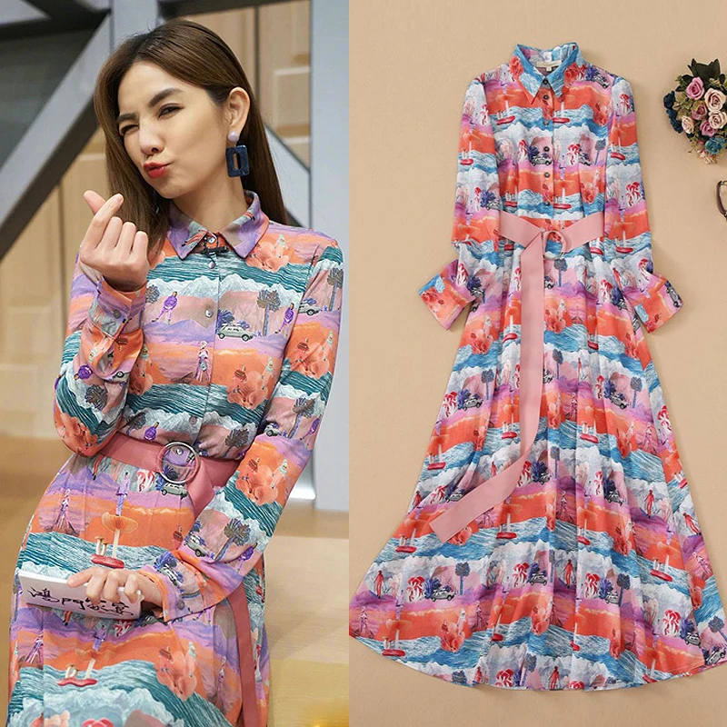 

Платье-рубашка средней длины, с поясом и длинным рукавом