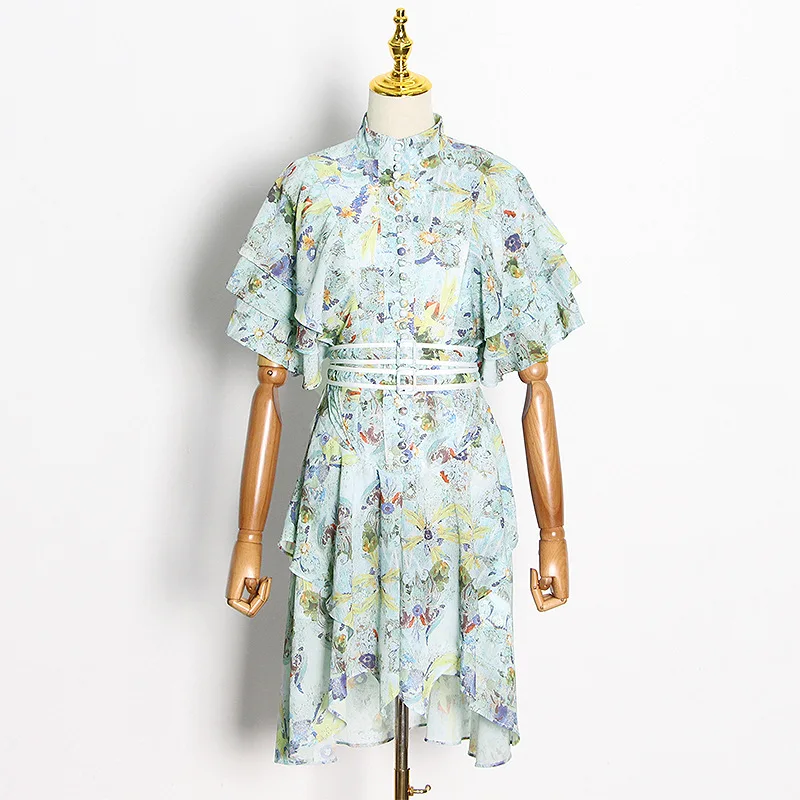 

2021 Spring Print Stand Collar Irregular Women Vestidos Slim Waist Short Sleeve Femme Robe Casual Chiffon Elegant Dresses 13A178