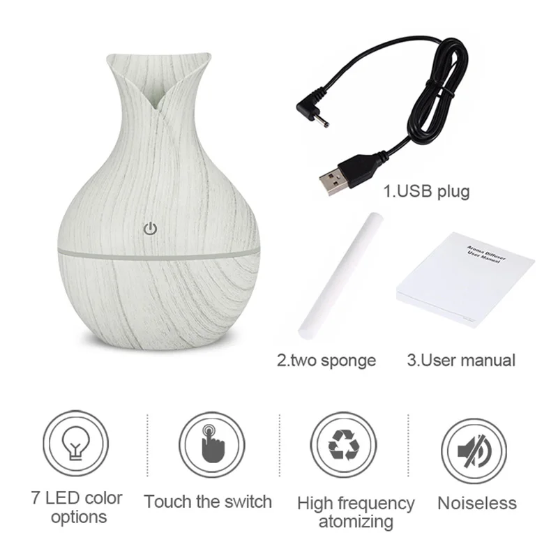 

KBAYBO 130ml air humidifier mini USB aroma diffuser electric humidifier ultrasonic wood grain with 7 color LED light for home