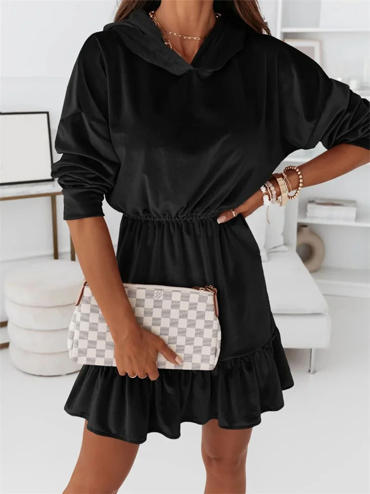 

Женское платье с капюшоном, однотонное удобное платье из мягкой ткани с декоративным подолом и оборками, мини-платье с высокой талией и длин...