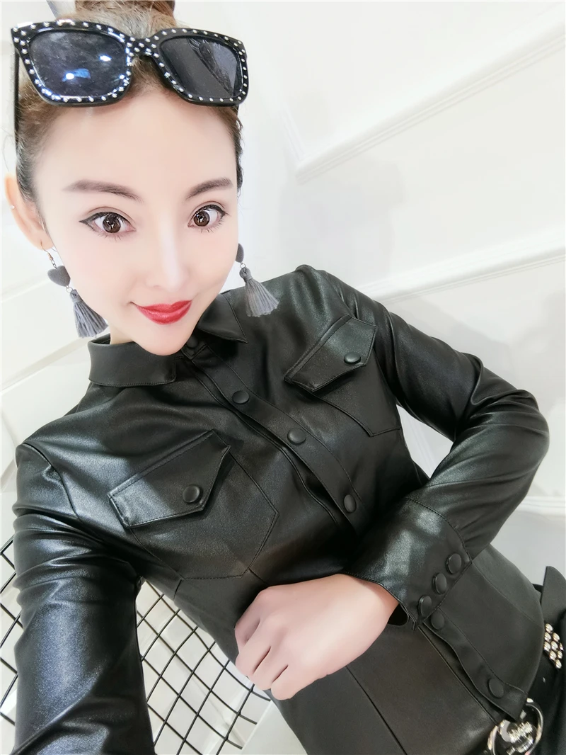 Зимние рубашки с длинным рукавом и отложным воротником из искусственной кожи для