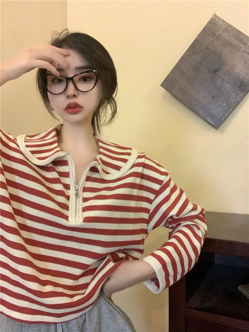 

Women's Doll Collar Striped Sweater Spring and Autumn 2021 New Retro Design Zipper All-Match Long Sleeve Top Clothes.Kio