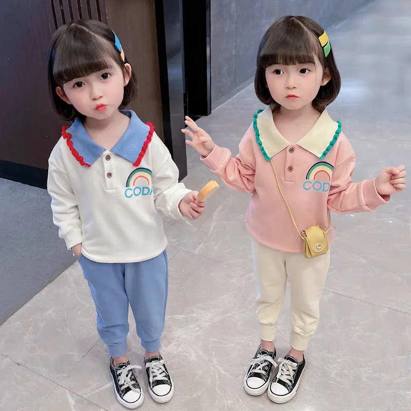 

2021 Spring New Korean Style Clothing for Girls Children Alphabet Rainbow Sweater Baby Sweatpants Two-piece Set Girls Tracksuits