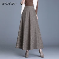 vintage plaid woolen skirts women winter high waist warm a line pleated skirt fashion office elegant maxi skirt femme saia longa