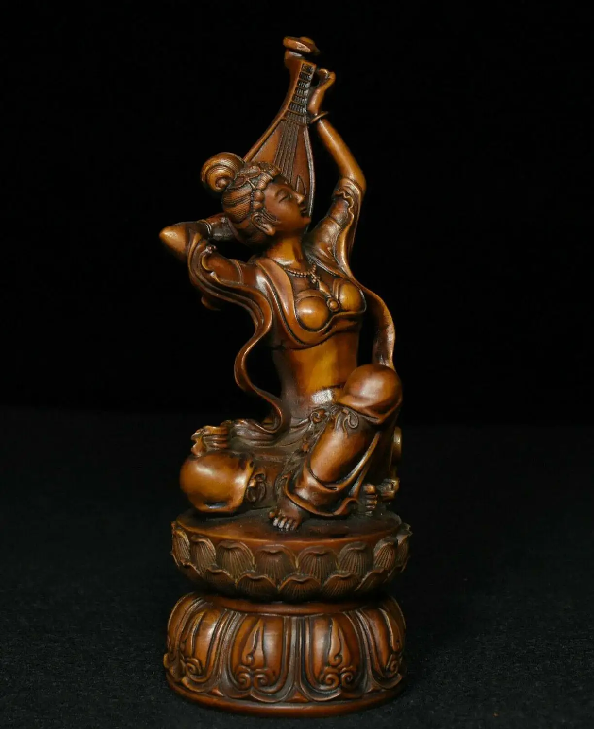 

wedding decoration 7" Old Chinese Boxwood Wood Carved Saraswati Apsaras Goddess God Belle Statue