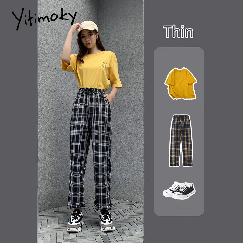 женские штаны клетчатые брюки с эластичной резинкой на талии широкие высокой