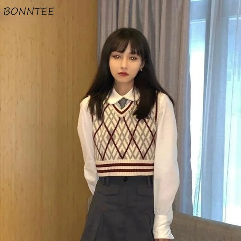 

Sweater Vest Women Sweet Argyle Embroidery Knitting College Style Korean Version Chic Fashion All-match Students Stylish Leisure