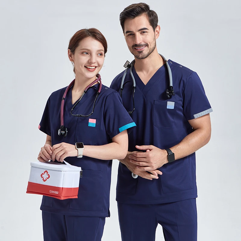 Uniforme sedoso para enfermera y cuidado de la belleza, Túnica moderna con múltiples bolsillos y cuello en V, para hombres y mujeres, 003-100