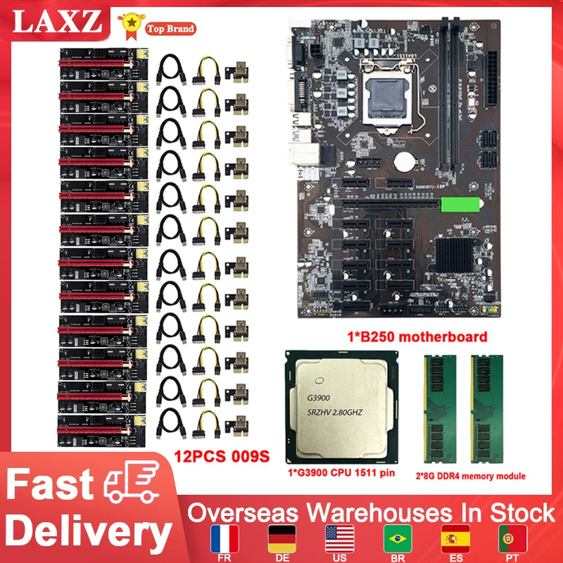 

Материнская плата для майнинга BTC B250, для LGA1151 12 PCIE X1 X16 GPU 16G DDR4 G3900 ЦПУ, поддержка 12 видеокарт, Риг для майнинга биткоинов