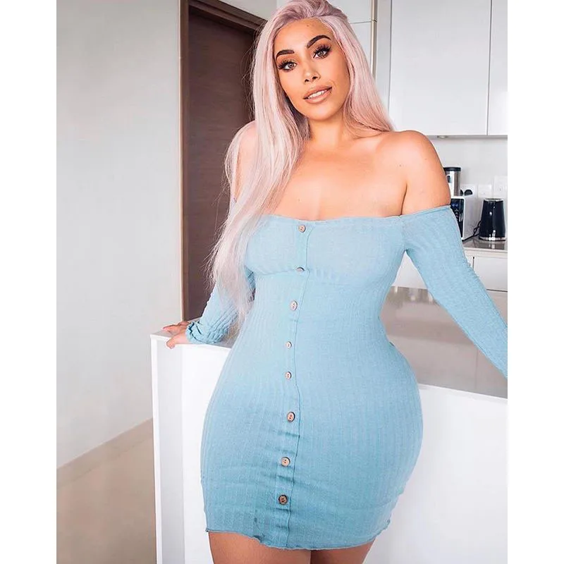 

Party Club Wear Sexy Off Shoulder Knitted Bodycon Dress Women Long Sleeve Autumn Pencil Dress