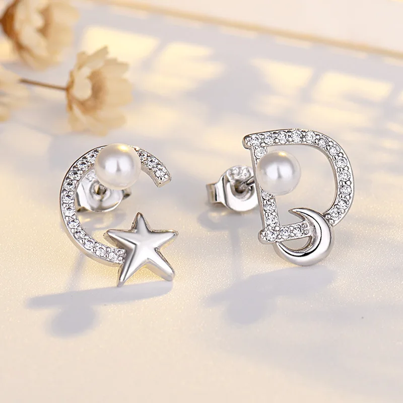 

New Letter CD Pearl Earrings 925 Silver Needle Female Earrings Jewelry Star Moon Ear Jewelry