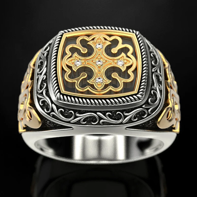 

Vintage Gold Plated Carving Pattern Cross Rings For Men White CZ Stone Inlay Fashion Jewelry Engagement Wedding Party Gift Ring