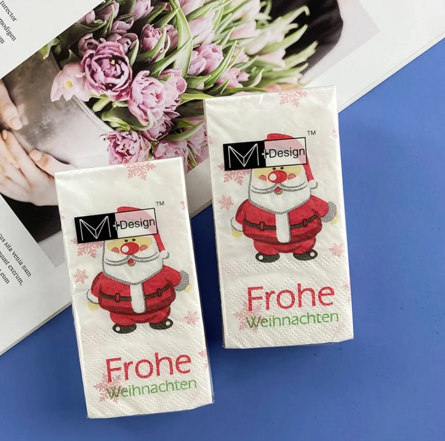 

21 * 21cm, small packet of paper towels, red Santa Claus, handkerchief paper, facial tissue paper, napkin paper