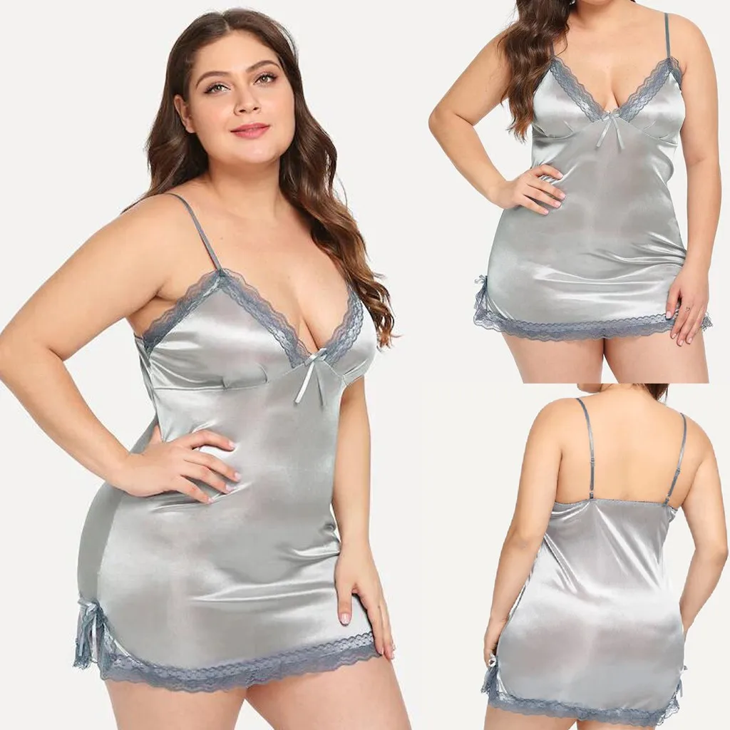 

Women's fat lady nightdress lace stitching simulation silk nightdress sexy plus size lace fun thong nightdress Q6