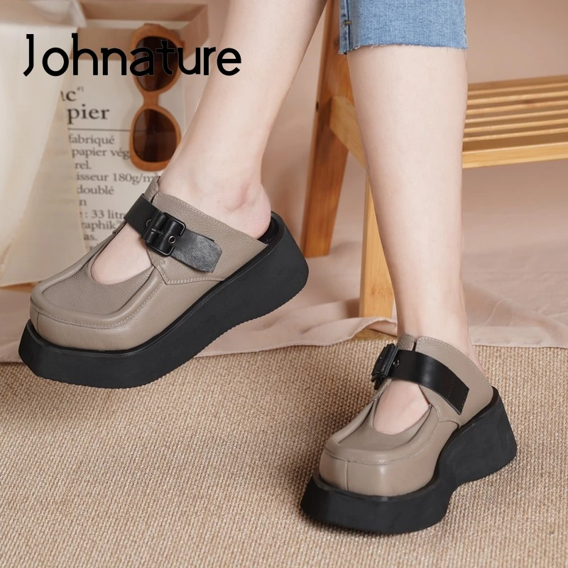 

Johnature Summer Slippers Women Shoes 2022 New Genuine Leather Outside Slides Handmade Concise Leisure Sewing Wedges Slippers