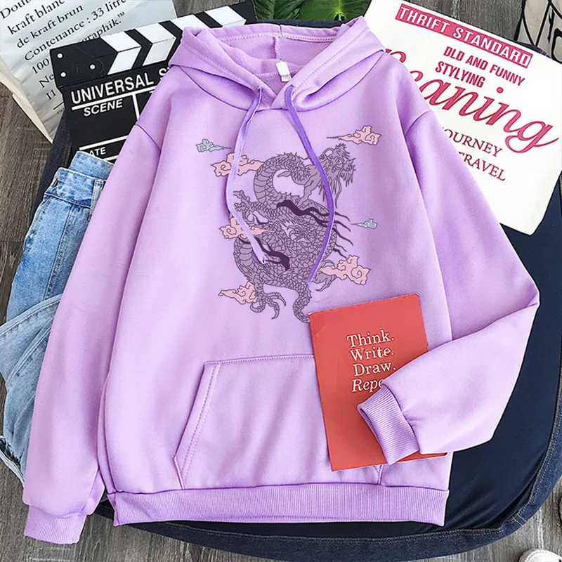 

Winter Hoodies Women Printed Retro Chinese Dragon Vogue Stitch Gradient Hoodie Stitch Sweatshirt Couple Women Cheap Pullover