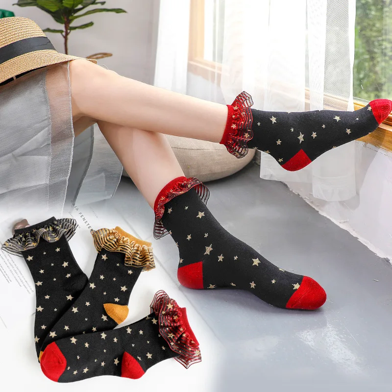 

Trendy Starry Colorful Tube Cute Socks Women Pure Cotton Fashion and Comfortable Street Personality Red Lace Socks Ruffles Women