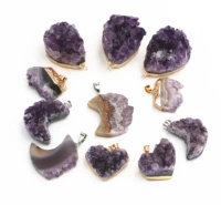gold bezel natural amethysts crystal quartz necklace pendant raw cluster slab geode druzy stone purple crystal cluster pendant