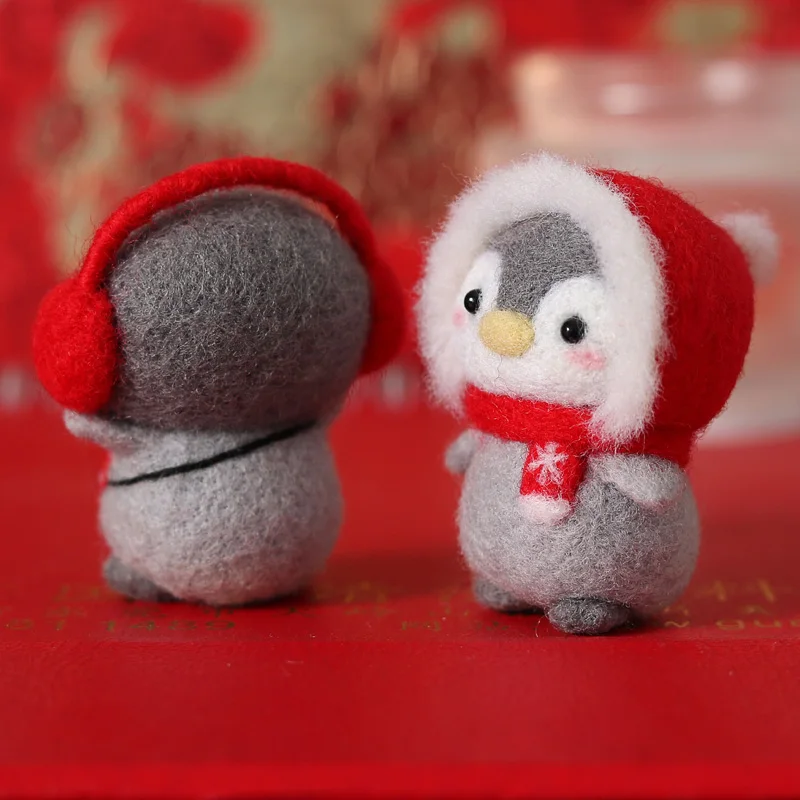 Unfinished Felt Kit 2021 New Latest Funny Festive Christmas New Year Penguin Wool Needle Felt Kit Package DIY Handmade Doll Toy images - 6