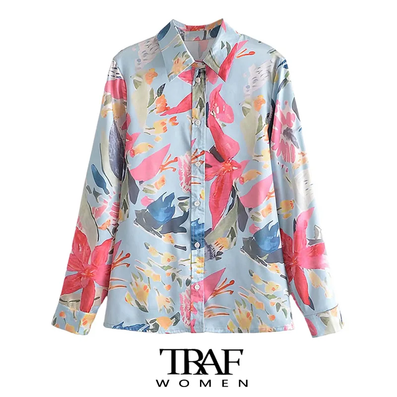 

Блузка женская с цветочным принтом, на пуговицах, с длинным рукавом