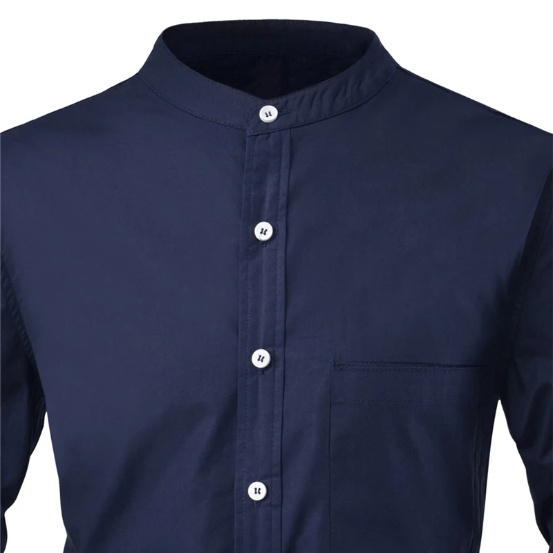 2021 Men Shirts Long Sleeve Pure Color Casual  Fashion  Slim Shirts Small Standing Collar Large Pocket  Blouse  Male Tops 2XL