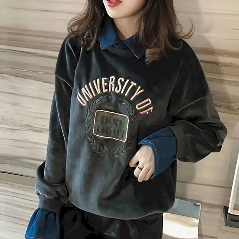 Fashion Gold Velvet Pullover Women Autumn Winter 2021 Korean Large Size Loose Plus Thickening Capless Fake Two-piece Tops | Женская