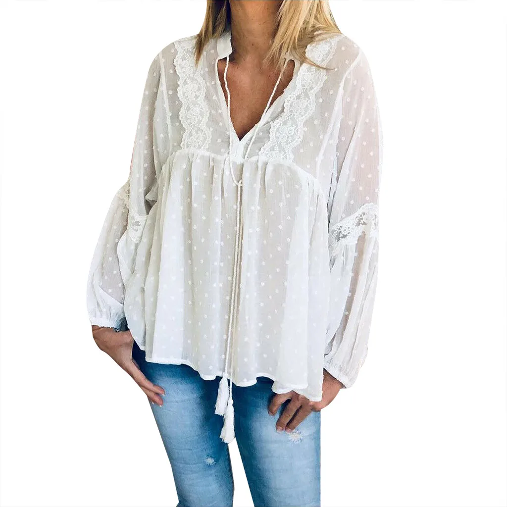 Женская Свободная шифоновая блузка в горошек кружевная составного кроя стиле