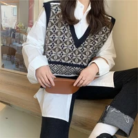 springautumn student knitted vest retro color matching loose vest fashion street england joker v neck sweater y2k sweater coat