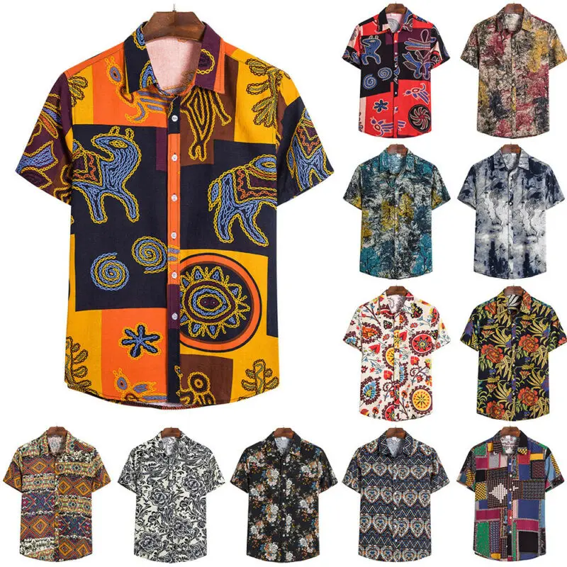 

Mens Striped Button-up Shirt T-Shirt Casual Beach Loose Short Sleeve Top