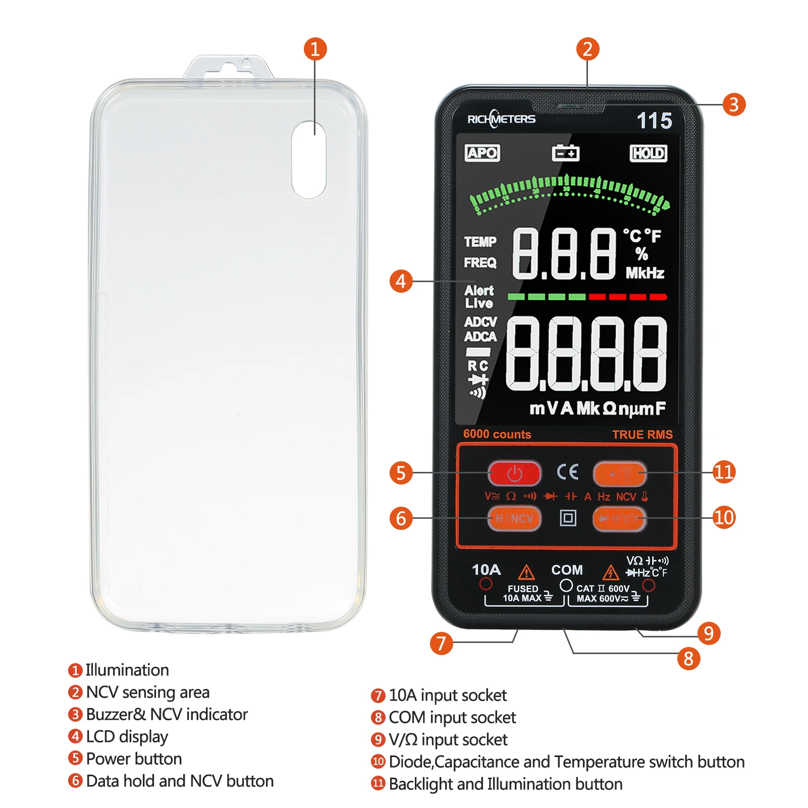 Цифровой мультиметр RICHMETERS RM115 с большим ЖК-дисплеем 6000 отсчетов True RMS напряжение