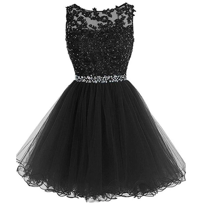 

Black Homecoming Dresses Scoop Neck Sleeveless Prom Gowns A-line Tulle Beading Sequined Mini Party Dresses Graduation Gowns