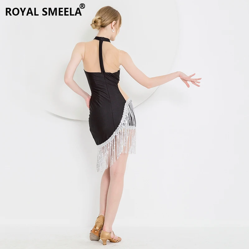 

2021 New Women's Latin Dance Sexy Dress Ballroom Dance Latin Tango Dress Practice Clothes Tassel Round Neck Black Elegant Dress