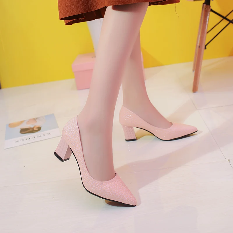 

New Fashion Women's Wedding Shoes Female PU Leather Shallow Pointed Toe Square Heel Heels Slip-On Comfortable Casual High Heels