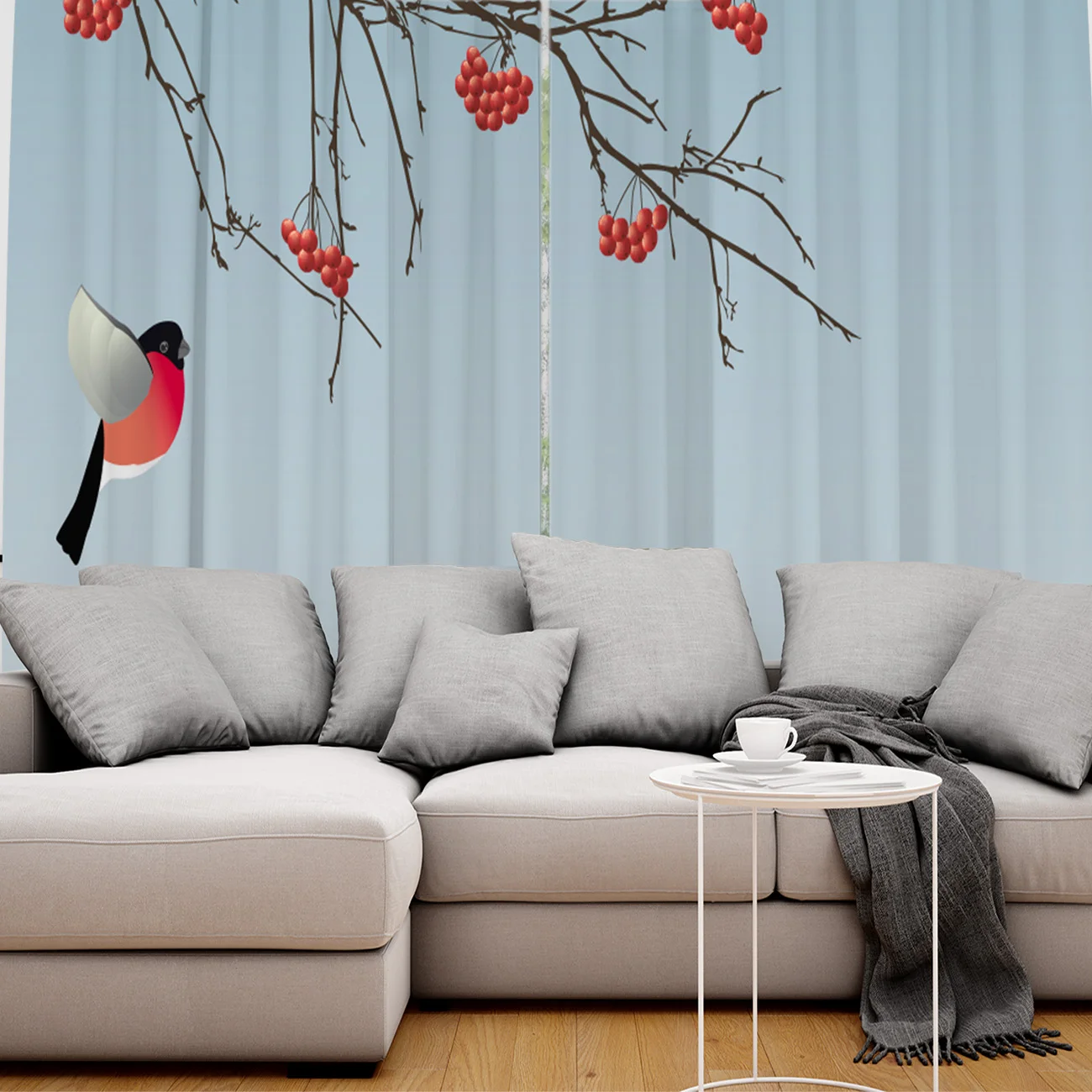 Занавески на окна в китайском стиле с изображением бульфинча птиц животных