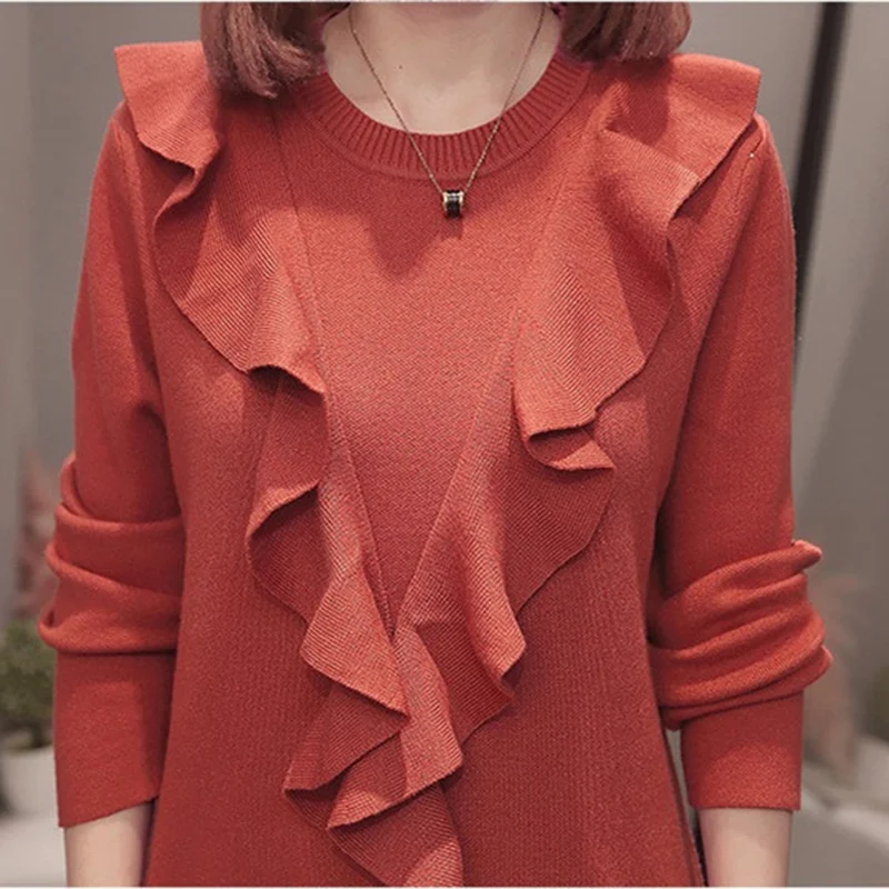 

Plus size L-4XL women's knit dress 2019 spring autumn fashion long sleeve ruffle pullover sweaters female bottoming dresses G650