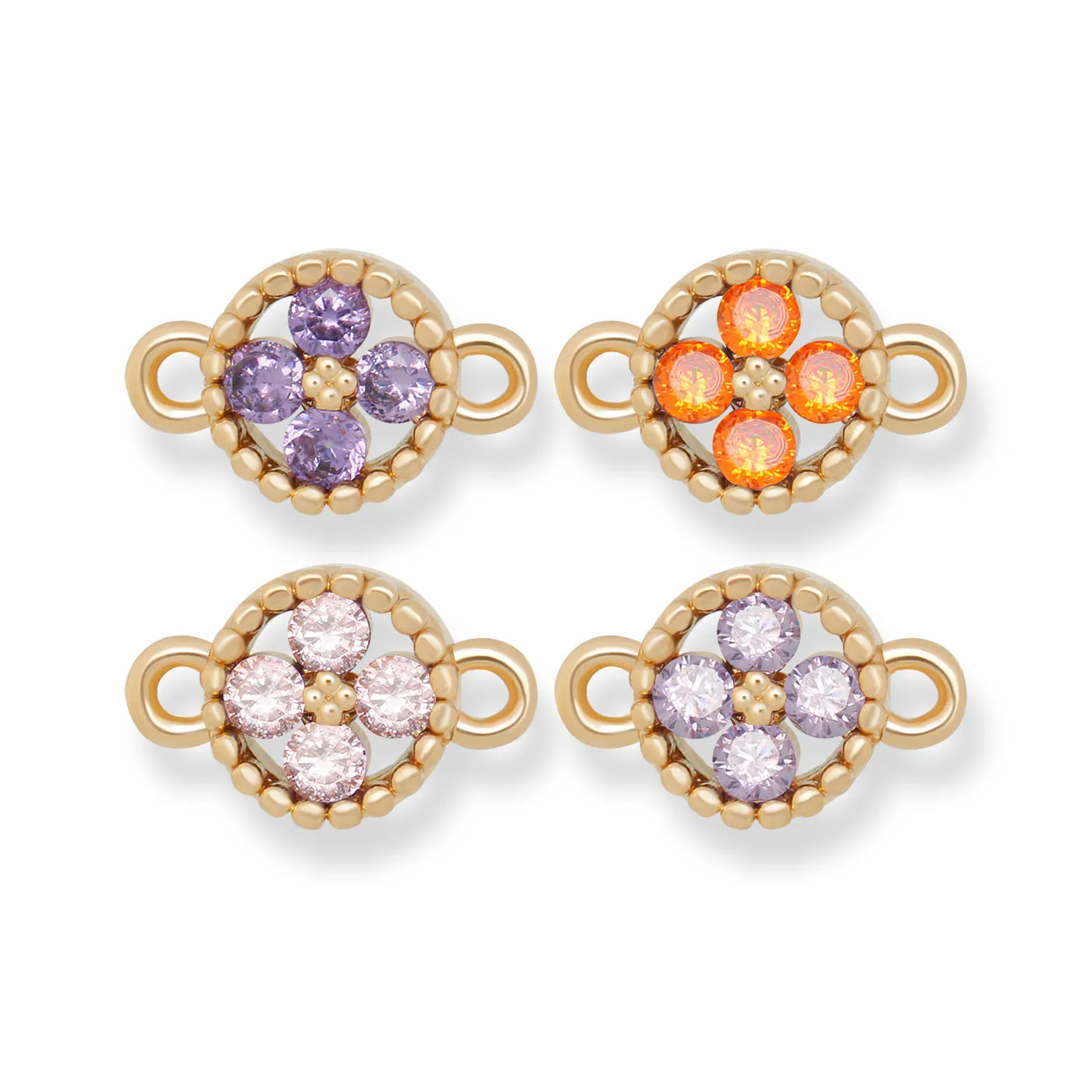 

White Cubic Zirconia Crystal Gold-plated Brass Four Leaf Flower Round Discs Charm For Bracelet Makings DIY Jewelry Findings Gift