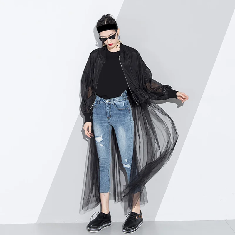 Женский Длинный сетчатый тренчкот Лоскутная ветровка на молнии с завышенной