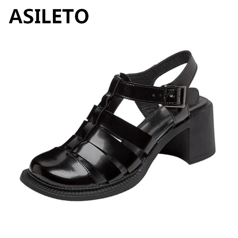 

Женские римские сандалии на высоком каблуке ASILETO из натуральной кожи с вырезами и круглым носком с пряжкой на квадратном каблуке мягкий ком...