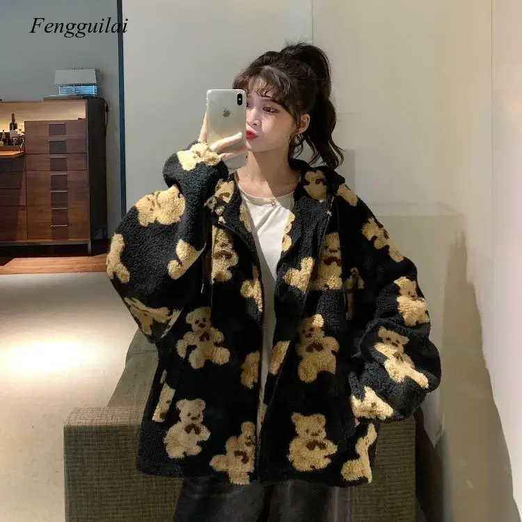 

Милые; Женские; С капюшоном; 2020 зимние свободные толстовки с капюшоном и свитшоты уличная Толстая овечья шерсть пальто-медвежонок на молнии ...