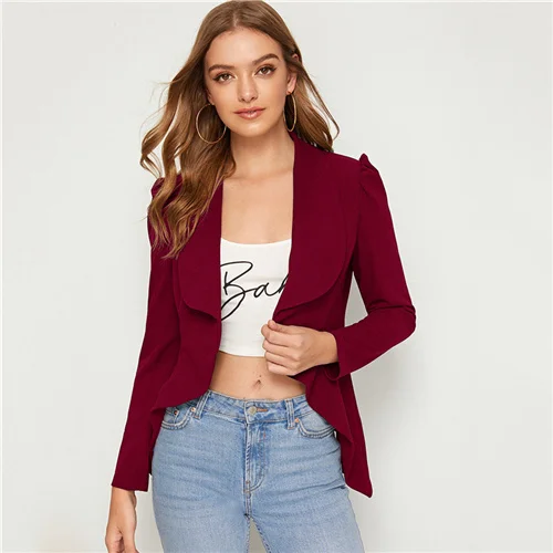 Burgundy SHEIN сплошной водопад шеи асимметричный подол элегантный блейзер для женщин осень с пышными рукавами тонкий приталенный офисные женские куртки-блейзеры - Цвет: Burgundy