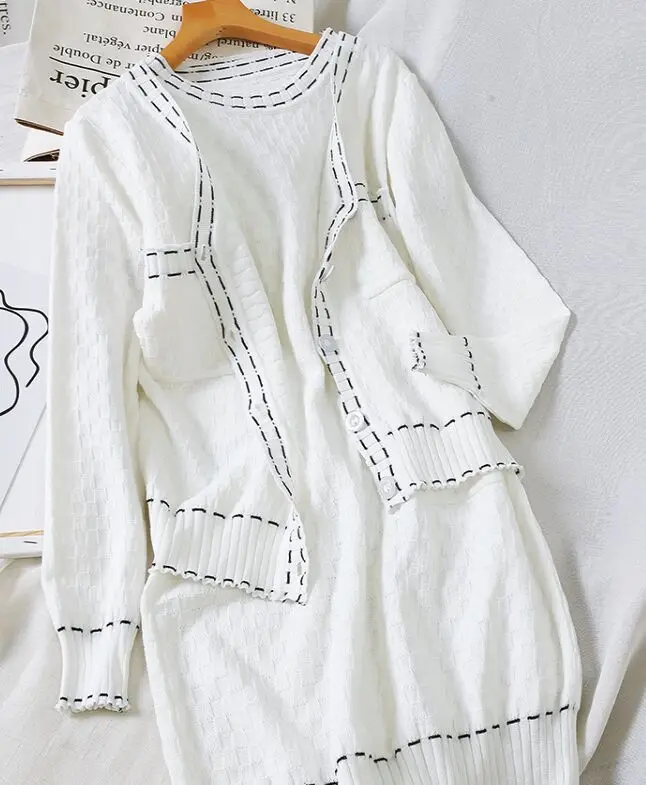White Set Amolapha, модные женские вязаные однобортные пальто+ платье, комплекты для женщин, женский вязаный жилет, платья+ куртка с v-образным вырезом, пальто, костюмы - Цвет: White Set