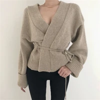hzirip autumn chic all match open stitch lace up cute sexy regular high street v neck loose cardigans casual knitted sweaters