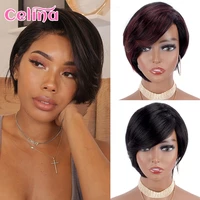 short bob pixie cut wigs with bangs non lace front human hair wigs full machine made straight bob human hair wig for black women