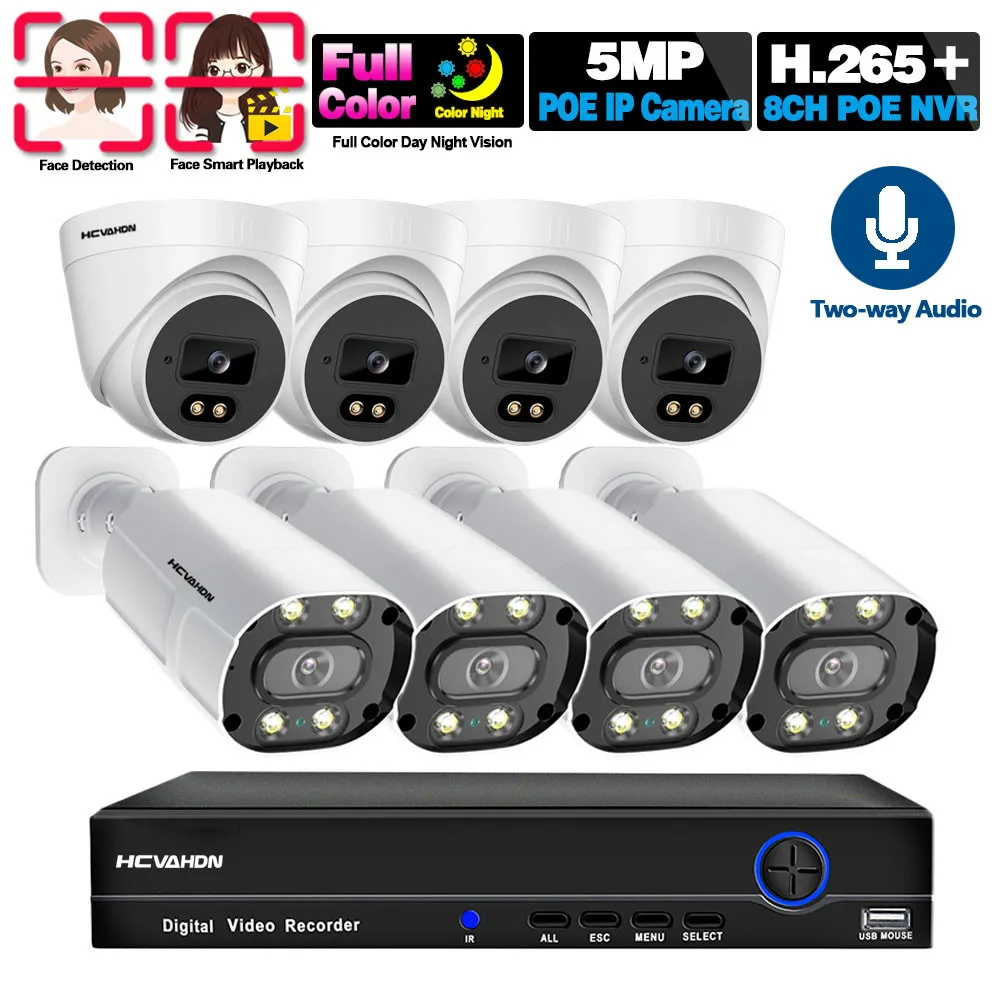 

HD 5MP CCTV 8 Cameras Outdoor Waterproof Two Way Audio Security Video Surveillance IP Camera System Set 8CH POE NVR Kit 4K XMEYE