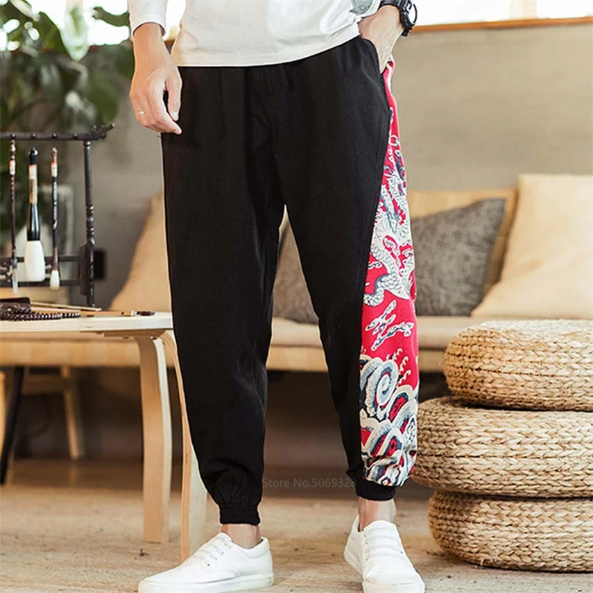 Мужские брюки в японском стиле Харадзюку Модные Винтажные султанки с драконом