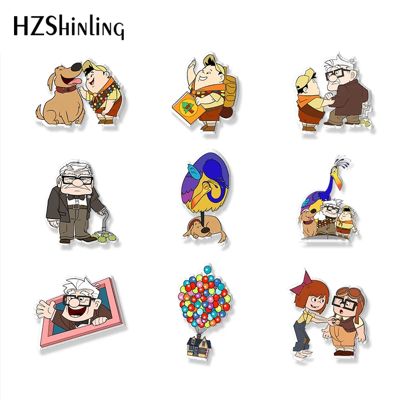 

2021 New Arrival UP Cartoon Movies Cane Russel Dug Characters Acrylic Epoxy Resin Brooch Badge Pins